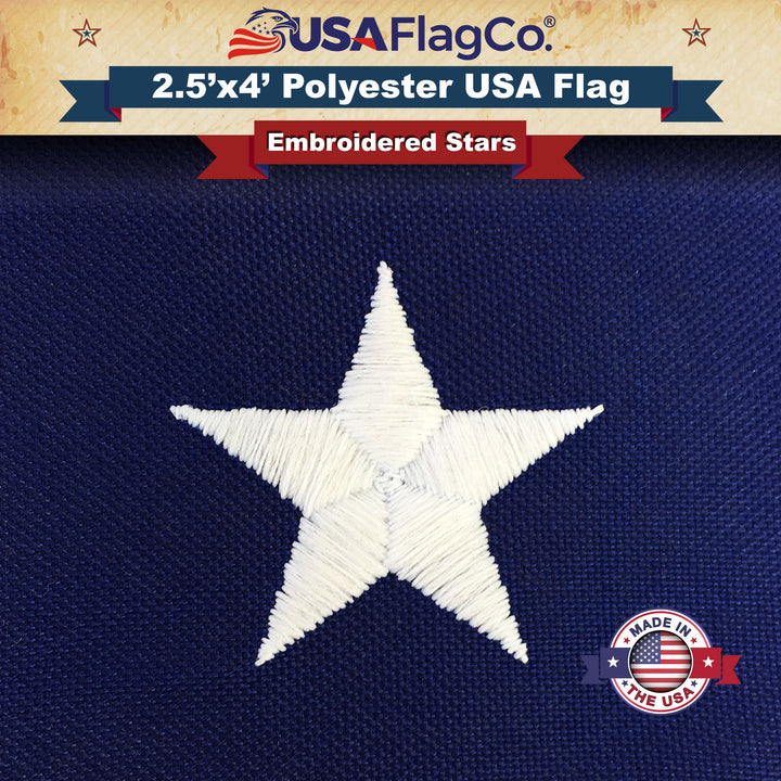 Polyester US Flag 2.5x4 foot Embroidered Stars & Sewn Stripes - USA Flag Co.