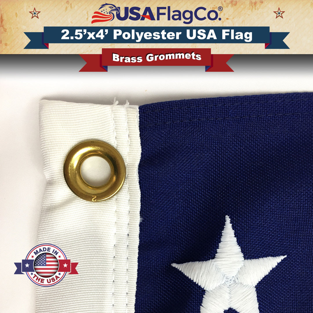 Grommet Polyester US Flag 2.5x4 foot Embroidered Stars & Sewn Stripes - USA Flag Co.