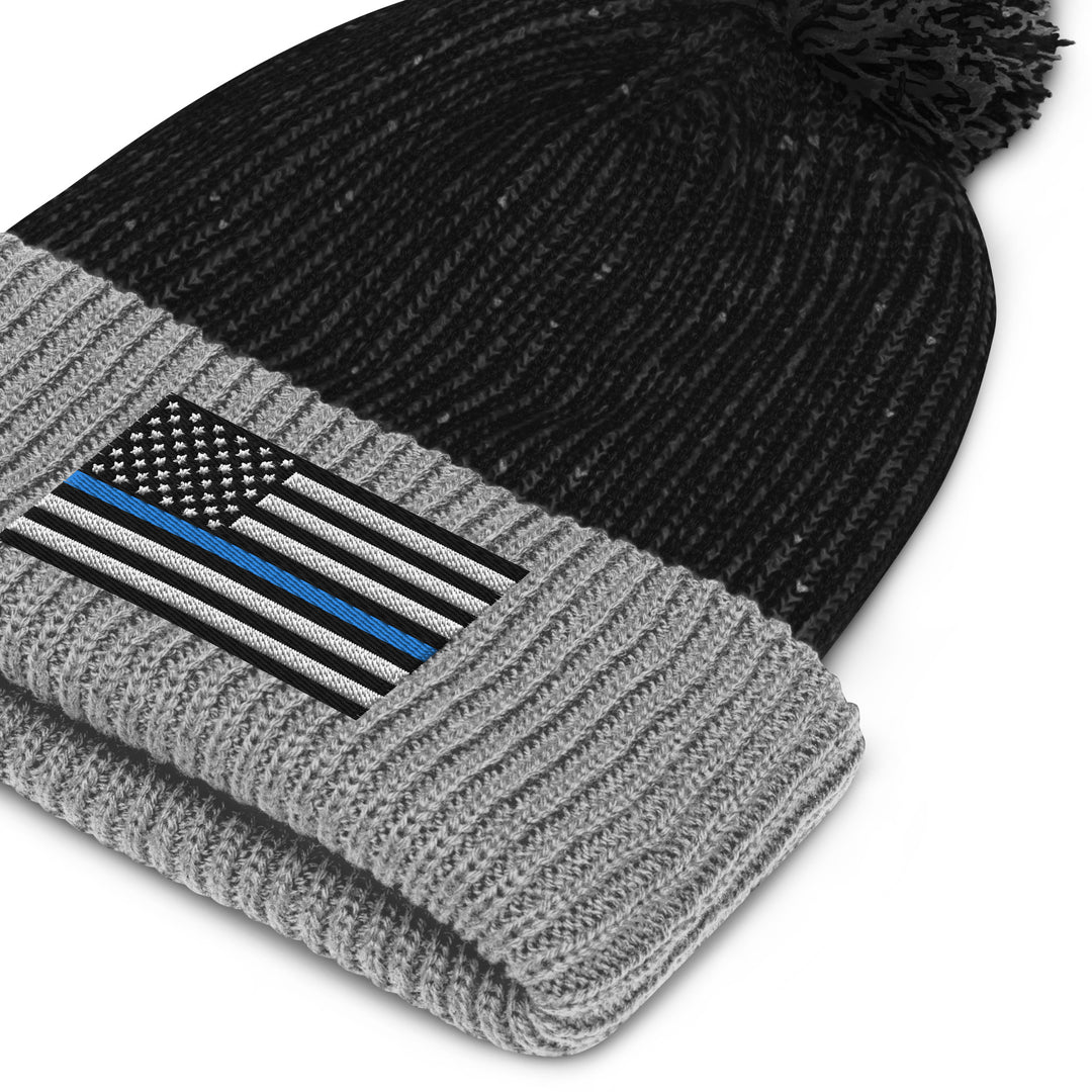 Pom-Pom Beanie - Thin Blue Line Flag (Embroidered Flag)