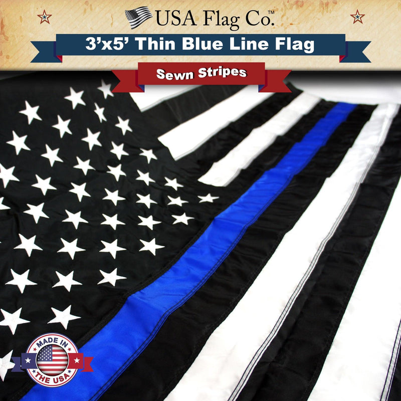 Thin Blue Line Flag 3x5 Foot with Embroidered Stars and Sewn Stripes Black White American Police Honoring Law Enforcement Officers